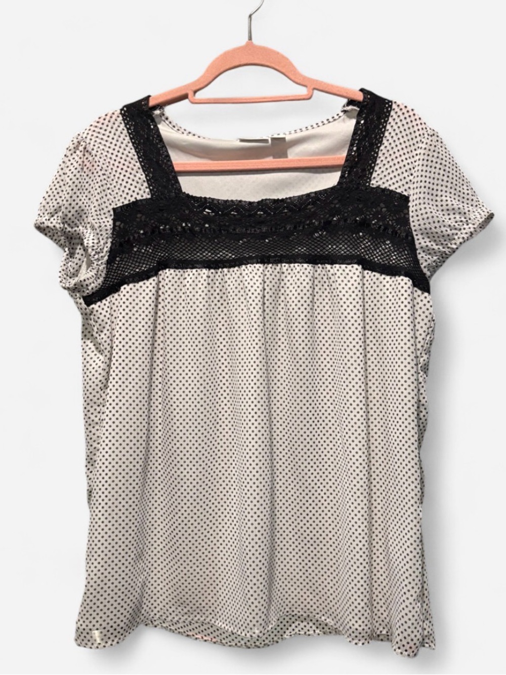 Cato Black & White Polka Dot Square Neck Blouse Black Lace Trim Size Large